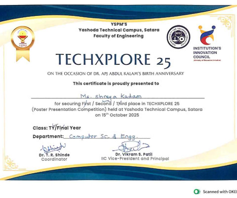 secured Second Rank in the Poster Presentation Competition at TECHXPLORE 25 held on 15 October 2025 at YTC, Satara.