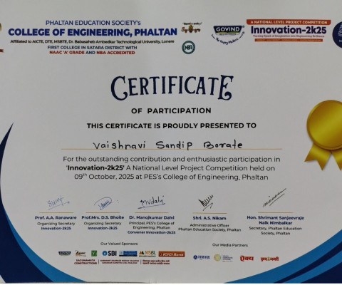participated in the National Level Project Exhibition at Innovation 2K25 on 10 October 2025, held at the College of Engineering, Phaltan.