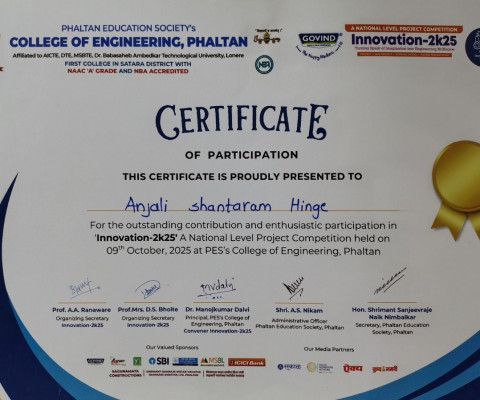  participated in the National Level Project Exhibition at Innovation 2K25 on 09 October 2025, held at the College of Engineering, Phaltan.