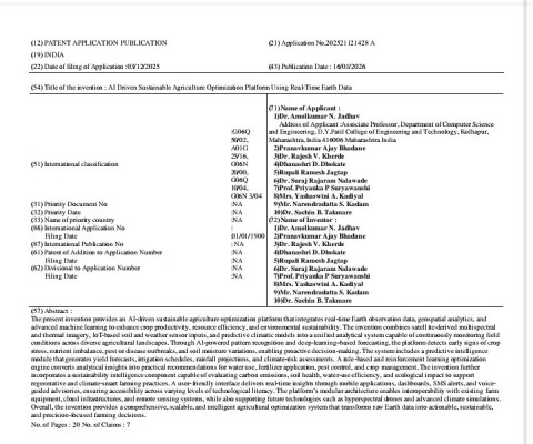 A utility patent titled “AI-Driven Sustainable Agriculture Optimization Platform Using Real-Time Earth Data”